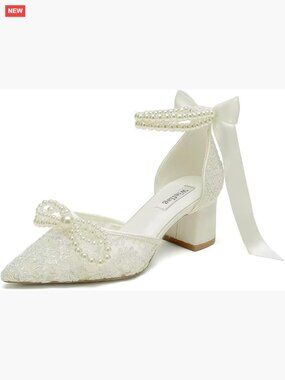 Lace Pearl Wedding Shoes Block Heel Closed Toe Bridal Pumps Size 5-11.5